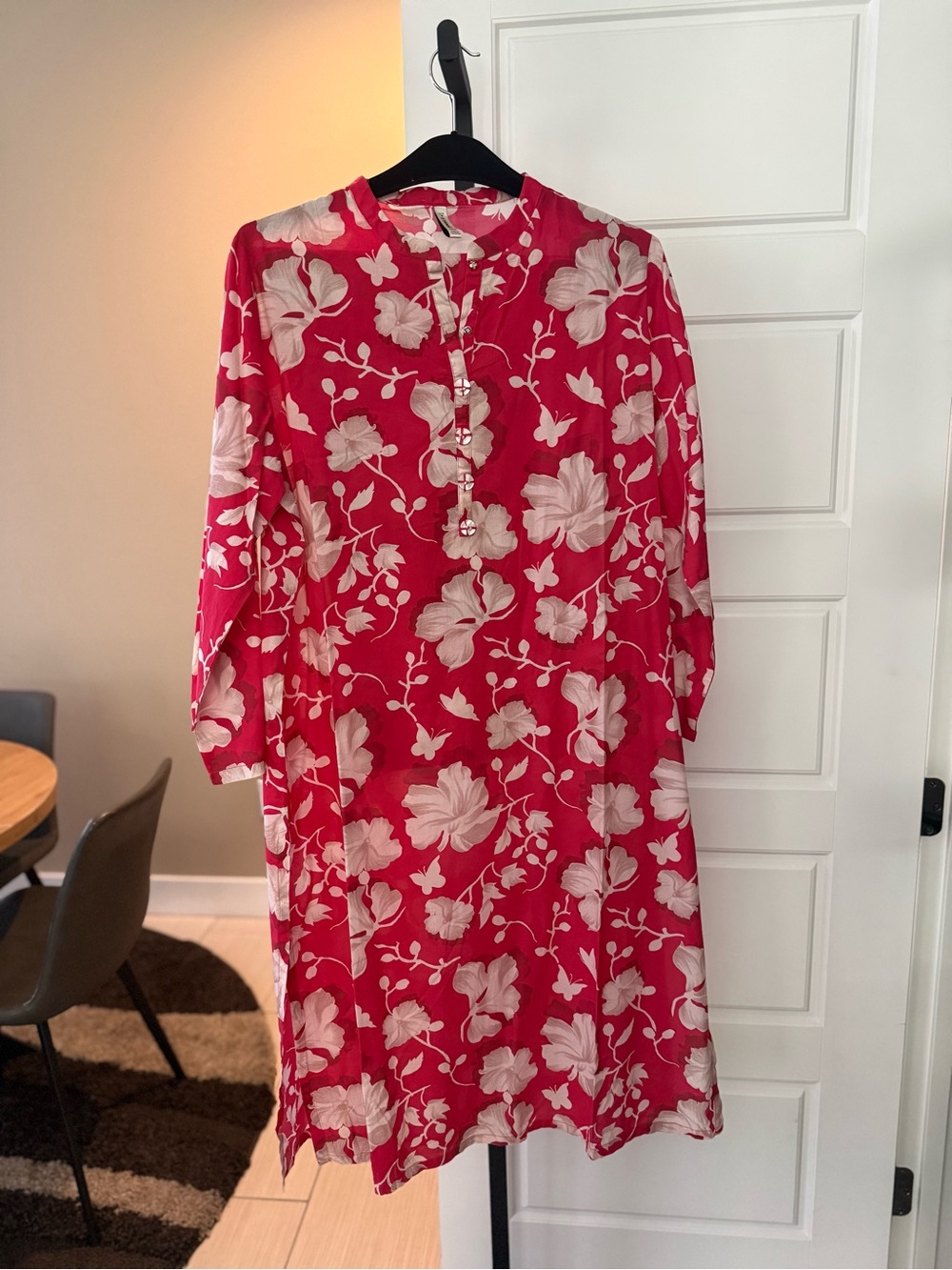 Women's Red Floral Long-Sleeve Tunic Dress